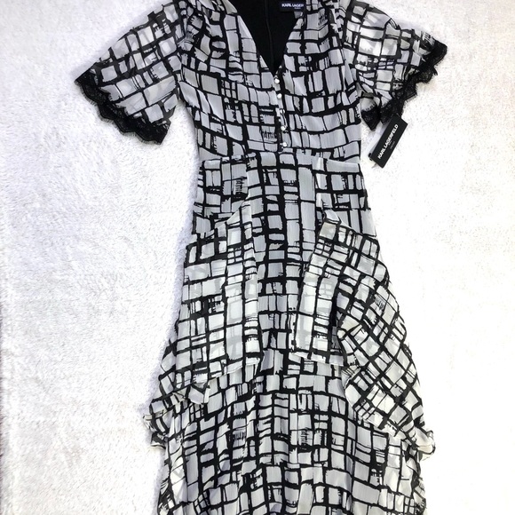 Karl Lagerfeld Paris Print Lace-Trim Tiered Dress - Picture 5 of 14